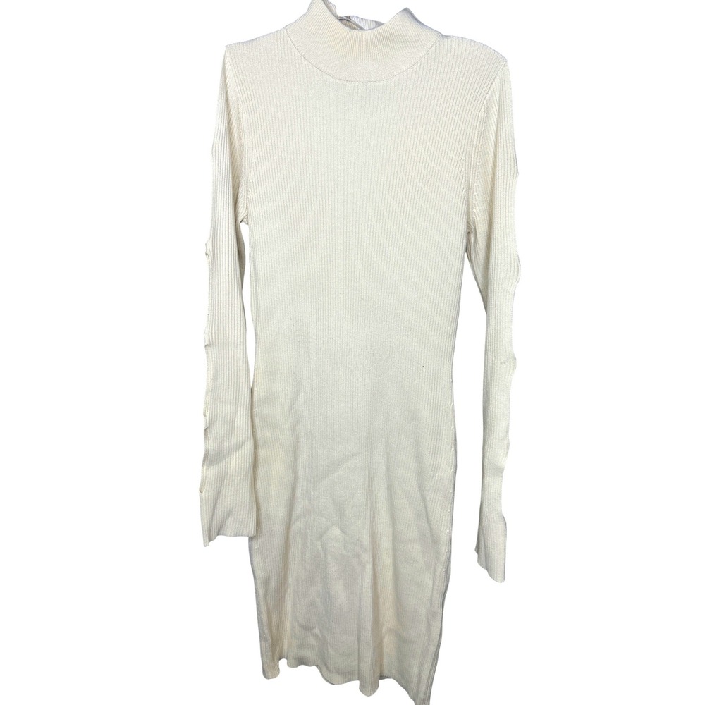 Bebe Cream Ribbed Mock Neck Cold Shoulder dress SMALL‎ Long Sleeve Sweater Dress